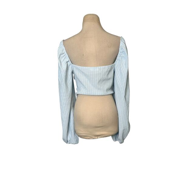 Vestique Blue White Checkered Pattern Long Sleeves Ruched Crop Top size M - Picture 9 of 16